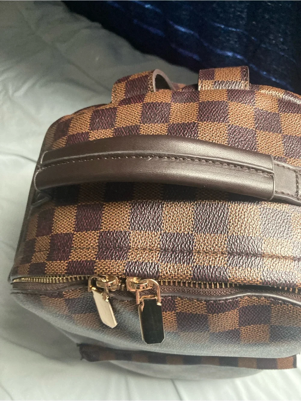 Women's Brown Checkered Backpack with Gold Hardware